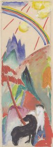 Zwart en wit paard in berglandschap met regenboog